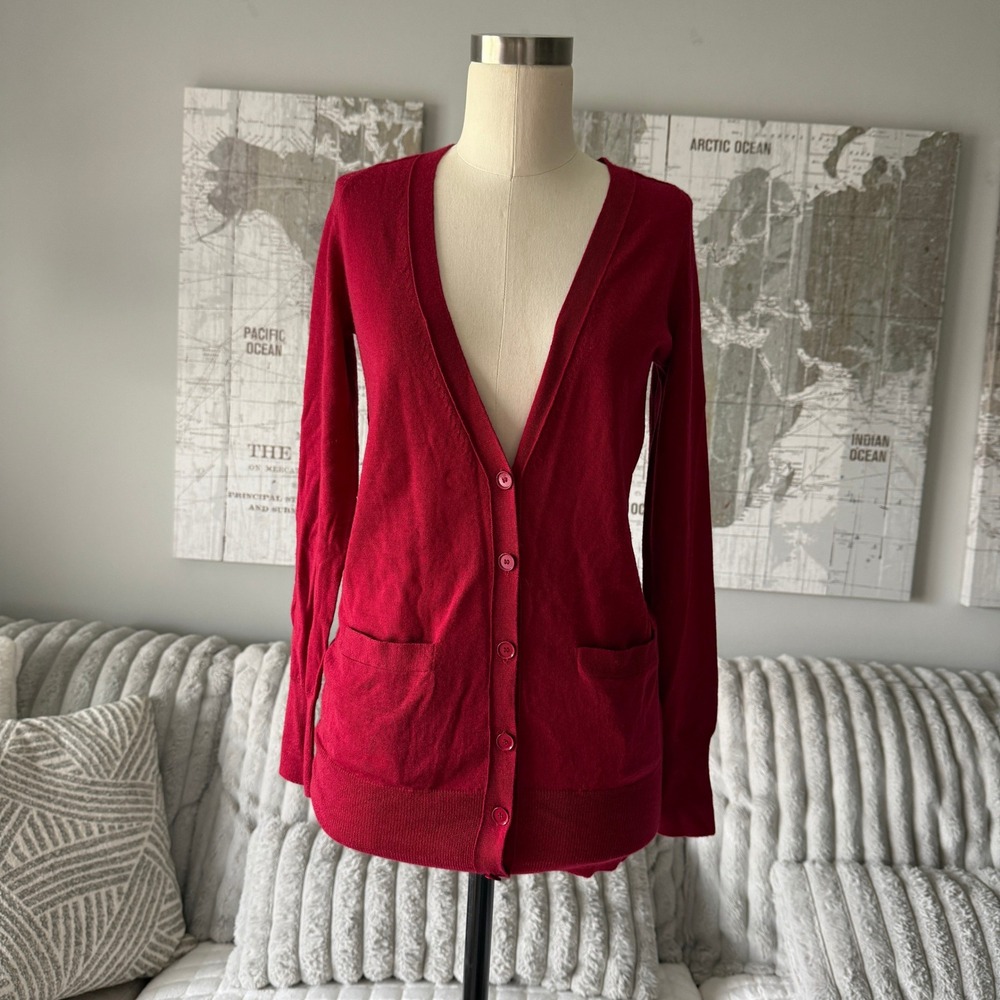 J.Crew Red 100% Merino Wool Longline V-Neck Button Front Cardigan XXS RN77388